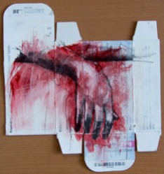 “Treatment resistant”, pencil and oil wash on medical packaging, 21 x 23 cm, 2009