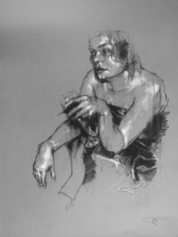 “The party’s over (two degrees)”, compressed charcoal,conte and chalk on paper, 55 x 75 cm, 2011