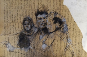 “Gaza family (nowhere to go)”, compressed charcoal,conte and chalk on newsprint, 40 x 26 cm, 2013