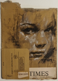 “Dream times”, compressed charcoal,conte, chalk and collage on packaging, 40 x 29 cm, 2015