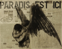 “Paradis est ici (21)”, compressed charcoal,conte, chalk and aerosol on newsprint, 69 x 56 cm, 2015