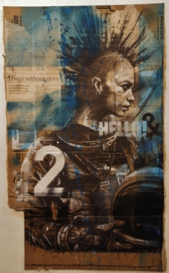 'space-punk 2', compressed charcoal,conte and spraypaint on packaging, 30 x 50 cm, 2017
