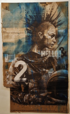 'space-punk 2', compressed charcoal,conte and spraypaint on packaging, 30 x 50 cm, 2017