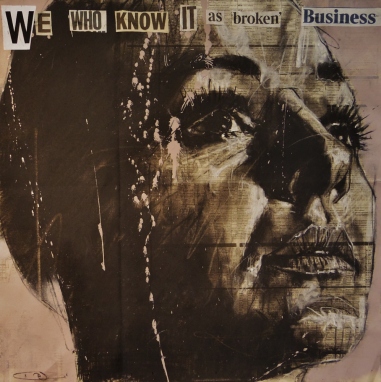 'we who know it as broken business', compressed charcoal,conte and spraypaint on newsprint, 50 x 50 cm, 2017