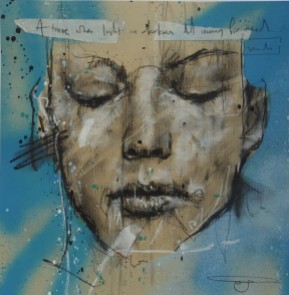 'A time when light in darkness did away for needs of sounds', pastel and spraypaint on paper, 23 x 23 cm